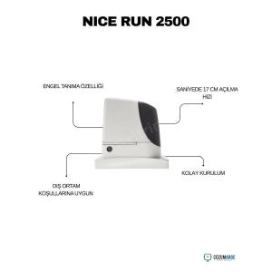 Nice RUN 2500 kayar kapı motoru seti; 2500 kg kapasite, engel tanıma, hızlı açılma ve dış ortama uygun dayanıklı yapı ile endüstriyel kullanıma idealdir. , NiceRun2500KayarKapıMotoru , NiceRun2500SiteGirişi , KayarKapıMotoruEndüstriyelAlan , NiceRun2500OtoparkGirişi , EngelTanımaKapıMotoru , HızlıAçılırKayarKapı , DışOrtamaUygunKapıMotoru