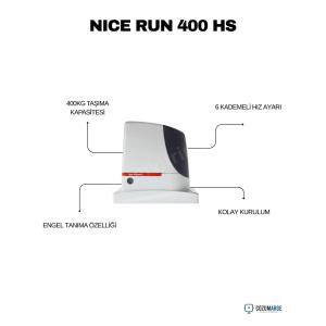 Nice Run 400 HS kit; 400 kg taşıma kapasiteli, 6 kademeli hızlı kayar kapı motoru. Engel tanıma, kolay kurulum ve yüksek hızla villa ve işletmeler için ideal. , NiceRun400HSVillaGirişi , HızlıKayarKapıMotoruİşletmeGirişi , NiceRunHSSiteGirişi , KayarKapıMotoruOtoparkGirişi , EngelTanımaKayarKapıSistemi , NiceKullanışlıKurulumVilla , HiSpeedKapıMotoruİşyeriGirişi