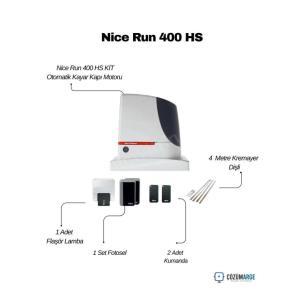 Nice Run 400 HS hızlı yana kayar kapı motoru kiti; 24V Hi-Speed, 400 kg kapasite, fotosele, flaşör lamba, 2 kumanda ve 4 metre kremayer dişli içerir. , NiceRun400HSVilla , HizliKayarKapiMotoruSiteGirisi , NiceRunHSIsletmeGirisi , KayarKapiMotoruOtoparkGirişi , HiSpeedKapiMotoruVilla , NiceMotorKumandaSeti , BlueBUSKayarKapiSistemi , FotoseLVeFlaşorLamba 