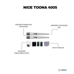 Nice Toona 4005 kanatlı bahçe kapısı motor kiti; 3 m’ye kadar kapılar için, 1,6 cm/sn açılma hızı, dış ortam uyumlu ve kolay kurulumlu otomasyon çözümü. , NiceToona4005 , Toona4005Kit , KanatlıBahçeKapısıMotoru , BahçeKapısıOtomasyonu , DışOrtamUyumluMotor , KolayKurulumOtomasyon