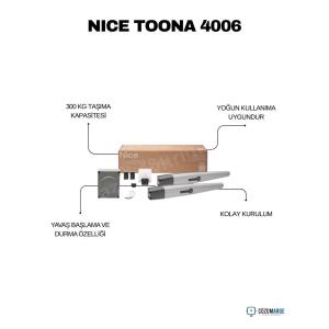 Nice Toona 4006 kit, 300 kg taşıma kapasiteli, yavaş başlama/durma, kolay kurulum ve yoğun kullanıma uygun kanatlı kapı motoru çözümüdür. , NiceToona4006KanatlıKapı , Toona4006KitSiteGirişi , KanatlıKapıMotoruVilla , NiceOtomasyonBahçeKapısı , Toona4006OtoparkGirişi , NiceYavaşBaşlamaDurma , NiceYoğunKullanımKapıMotoru