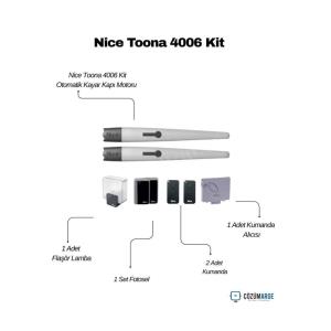 Nice Toona 4006 kanatlı kapı motoru kiti; 2 kumanda, alıcı, fotosel ve flaşör lamba ile tam otomasyon çözümü sunar. , NiceToona4006Kit , KanatlıKapıMotoruVilla , NiceKapıMotoruSiteGirişi , Toona4006KumandaAlıcısı , NiceFotoselOtoparkGirişi , NiceFlaşörLambaFabrikaGirişi