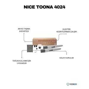 Nice Toona 4024 kit, 24V kanatlı bahçe kapısı motoru; 300 kg taşıma kapasitesi, yoğun kullanıma uygun, elektrik kesintilerinde çalışır ve kolay kurulum sunar. , NiceToona4024BahçeGirişi , Toona4024KitSiteGirişi , KanatlıKapıMotoruVilla , NiceOtomasyonFabrikaGirişi , 24VKapıMotoruBahçeKapısı , YoğunKullanımSiteGirişi , ElektrikKesintisiBahçeKapısı