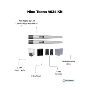 Nice Toona 4024 kit; kanatlı bahçe kapısı motoru, fotosel, flaşör, 2 kumanda ve alıcı içerir. Güvenli, dayanıklı ve otomatik açılım sağlar. , NiceToona4024Kit , KanatlıBahçeKapısıMotoru , NiceKanatlıKapıMotoru , FotoselFlaşörKumanda , OtomatikKapıMotoruSeti , BahçeKapısıOtomasyon , NiceOtomasyon , KanatlıKapıKiti