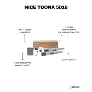 Nice Toona 5016 kanatlı bahçe kapısı motoru kiti; 200 kg taşıma kapasitesi, elektrik kesintilerinde çalışma, yavaş başlama-durma ve kolay kurulum sunar. , NiceToona5016 , Toona5016Kit , KanatlıKapıMotoru , DaireselKapıMotoru , NiceOtomasyon
