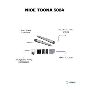 Nice Toona 5024 Kit, 5 metre kanat genişliği ve 600 kg taşıma kapasitesiyle dairesel kapılar için üretilmiş, yoğun kullanıma uygun 24V bir otomasyon çözümüdür. İki parçalı sağlam alüminyum gövdesi ve bronz alaşımlı iç aksamı ile en zorlu hava koşullarında dahi yüksek direnç gösterir. BlueBUS teknolojisi sayesinde kolay kurulum imkanı tanırken, engel tanıma özelliği ve yumuşak kalkış-duruş fonksiyonu ile maksimum güvenlik sağlar. Yoğun trafikli villa, site ve işletme girişleri için sessiz, güvenilir ve uzun ömürlü bir İtalyan mühendislik harikasıdır. , NiceToona5024 , Toona5024Kit , KanatlıKapıMotoru , DaireselKapıMotoru , NiceOtomasyon