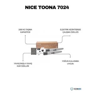 Endüstriyel ve geniş konut girişleri için tasarlanan Nice Toona 7024 Kit, tek kanat genişliği 7 metreye kadar olan ağır kapılarda profesyonel çözüm sunar. 24V DC akıllı motor yapısı sayesinde yoğun kullanım trafiğine tam uyum sağlar ve enerji verimliliği sunar. İki parçalı döküm alüminyum gövdesi, iç mekanizmayı dış etkenlerden koruyarak motorun ömrünü uzatır. BlueBUS teknolojisi ile aksesuarlar kolayca bağlanırken, hassas engel tanıma sistemi güvenliği en üst seviyeye taşır. Sessiz çalışma prensibi ve rüzgar direncine karşı yüksek tork gücüyle, büyük kapıların en güvenilir ve sarsıntısız operatörüdür. , NiceToona7024 , 7MetreKapıMotoru , NiceBahçeKapısıMotoru , AğırHizmetOtomasyonu , NiceToonaKit