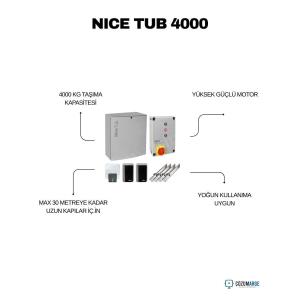 Nice TUB 4000 kit, 4000 kg taşıma kapasiteli ağır hizmet yana kayar kapı motoru setidir. Uzun kapılar, yoğun kullanım ve endüstriyel alanlar için güçlü çözümdür. , NiceTUB4000FabrikaGirişi , NiceKayarKapıMotoruSiteGirişi , AğırHizmetOtomasyonuEndüstriyelAlan , 4TonKapıMotoruBahçeKapısı , UzunKapıMotoruVillaGirişi , YoğunKullanımYanaKayarKapı