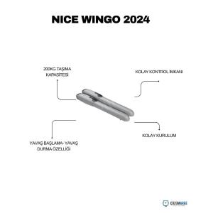 Nice Wingo 2024 Kit, 2 metre kanat genişliği ve 200 kg taşıma kapasitesine sahip dairesel bahçe kapıları için tasarlanmış şık ve güvenilir bir otomasyon çözümüdür. 24V DC motor yapısı sayesinde yoğun kullanıma uygun olan bu sistem, yumuşak kalkış ve duruş özelliğiyle sarsıntısız bir performans sunar. Engel tanıma teknolojisiyle donatılan Wingo 2024, güvenliği ön planda tutarken sessiz çalışma prensibiyle konforu artırır. Kompakt tasarımı ve kolay montaj imkanıyla villa ve müstakil ev girişleri için uzun ömürlü, estetik ve profesyonel bir tercihtir. , NiceWingo2024 , NiceWingoKit , KanatlıKapıMotoru , DaireselKapıMotoru , NiceOtomasyon