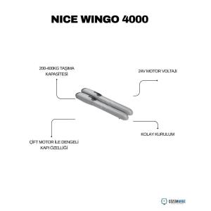 Nice Wingo 4000 KİT kanatlı kapı motoru; 200-400 kg taşıma kapasitesi, 24V motor, çift motor dengesi ve kolay kurulumla güvenli otomasyon sağlar. , NiceWingo4000 , Wingo4000Kit , KanatlıKapıMotoru , DaireselKapıMotoru , NiceOtomasyon , SiteGirişiKapıMotoru , VillaGirişiOtomasyon , KolayKurulumMotor
