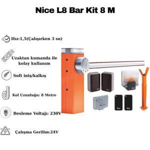 Nice L8 Bar Kit 8 metre kollu endüstriyel bariyer; tır garajı ve lojistik alanlar için 24V, hızlı, güvenli ve dayanıklı geçiş kontrolü sağlar. , NiceL8TırGarajı , 8MetreKolluBariyer , EndüstriyelOtoparkGirişi , NiceBarKitLojistikAlan , TırGarajıBariyeri , HızlıGeçişKontrolSistemi , 24VBariyerSistemi , NiceEndüstriyelBariyer