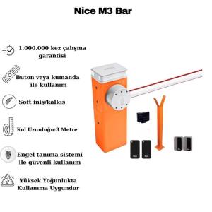 Nice M3 Bar, yoğun araç trafiğinin olduğu endüstriyel alanlar ve otoparklar için özel olarak geliştirilmiş, yüksek hızlı bir bariyer sistemidir. 3 metrelik kol uzunluğu ve seri açılış performansıyla bekleme sürelerini minimuma indirir. Engel tanıma özelliği ve dayanıklı çelik gövdesi sayesinde en zorlu koşullarda bile güvenli ve kesintisiz çalışma sunar. BlueBUS teknolojisi ile aksesuarların kolayca entegre edildiği bu sistem, uzun ömürlü kullanımıyla profesyonel projelerin vazgeçilmezidir. , NiceM3Bar, , 3MetreKolluBariyer, , EndüstriyelOtoparkBariyeri, , HızlıBariyerSistemleri
