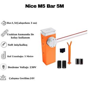 Nice M5 Bar, yoğun trafik akışına sahip endüstriyel tesisler ve geniş otoparklar için tasarlanmış yüksek performanslı bir bariyer sistemidir. 5 metrelik kol uzunluğu ve 3-6 saniye arasındaki açılma hızıyla maksimum verimlilik sağlar. Engel tanıma özelliği ve dayanıklı gövdesiyle güvenliği ön planda tutan M5 Bar, BlueBUS teknolojisi sayesinde kolay kurulum imkanı sunar. Uzun ömürlü kullanım ve prestijli geçiş çözümleri arayanlar için ideal, İtalyan mühendisliği harikası bir üründür. , NiceM5Bar, , EndüstriyelOtoparkBariyeri, , 5MetreKolluBariyer