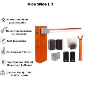Nice Wide L 7 Metre kollu otomatik otopark bariyeri; 7 m kol, engel tanıma sensörü, soft iniş/kalkış ve 110-220VDC ile geniş girişler için ideal. , NiceWideL7OtoparkGirişi , OtomatikBariyerSiteGirişi , KolluBariyerOtoparkAlanı , NiceBariyerSetiGenişGiriş , EngelTanımaSensörlüBariyerOtopark , SoftİnişKalkışBariyerSistemi , 7MetreKolluBariyerVillaGirişi