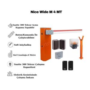 Nice Wide M 4 Metre kollu otopark bariyeri; 24V yoğun kullanım, yumuşak kalkış-duruş, kumanda ile çalışma ve elektrik kesintisinde kullanım imkanı sunar. , NiceWideM4Metre , Widem4Kit2OtoparkGirişi , NiceBariyerSiteGirişi , 4MetreKolluBariyerOtopark , Nice24VOtoparkBariyeri , YoğunKullanımSiteGirişi , ElektrikKesintisindeÇalışanBariyer