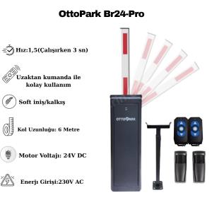 OttoPark Br24-Pro teleskopik otomatik otopark bariyeri; 6 metre kola, uzaktan kumanda, soft iniş/kalkış, 24V DC motor ve 230V AC enerji girişi sunar. , OttoParkOtoparkGirişi , OtomatikBariyerSiteGirişi , TeleskopikBariyerOtopark , OttoParkTeleskopikKol , UzaktanKumandalıBariyerOtopark , OttoParkSoftİnişKalkış , 24VDCBariyerSistemi , 6MetreKolluBariyer